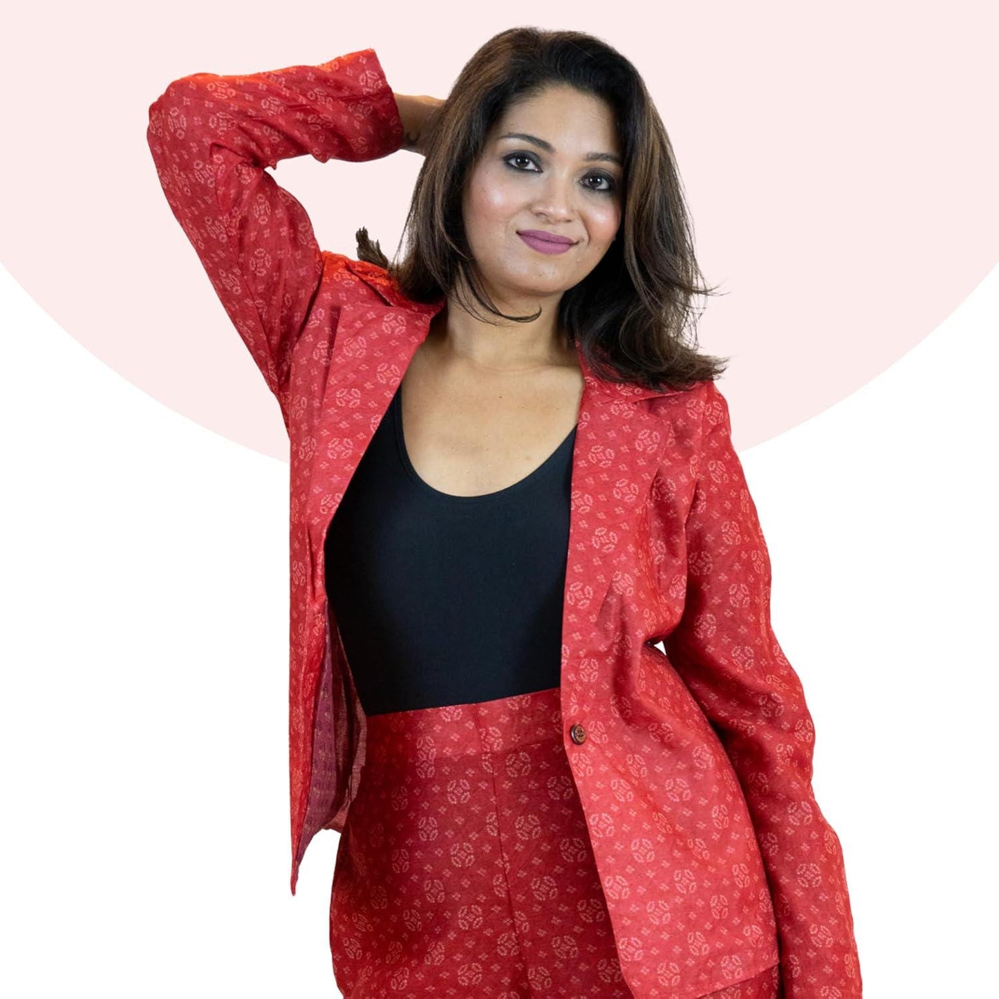 Red Bandhani Tie-Dye Blazer – Handmade Statement Jacket