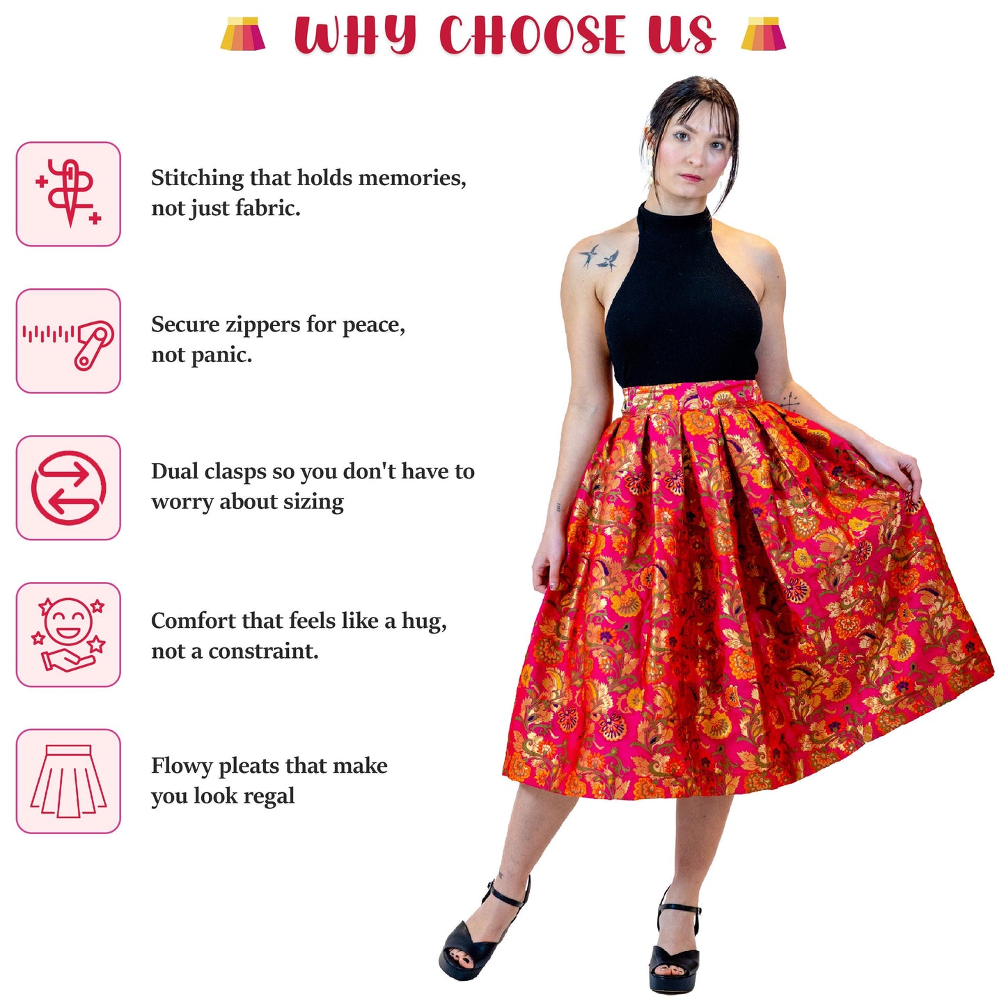 Hot Pink Floral A-Line Skirt – Vintage Brocade Midi Skirt