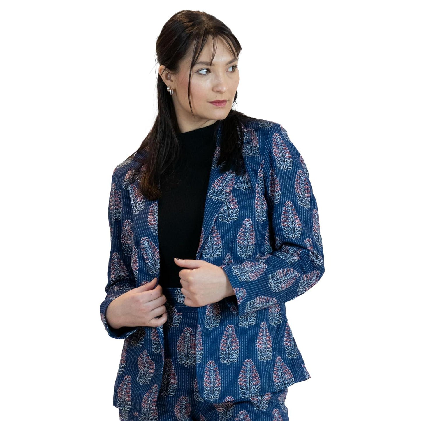 Blue Leaves Floral Blazer – Linen Blend Printed Jacket