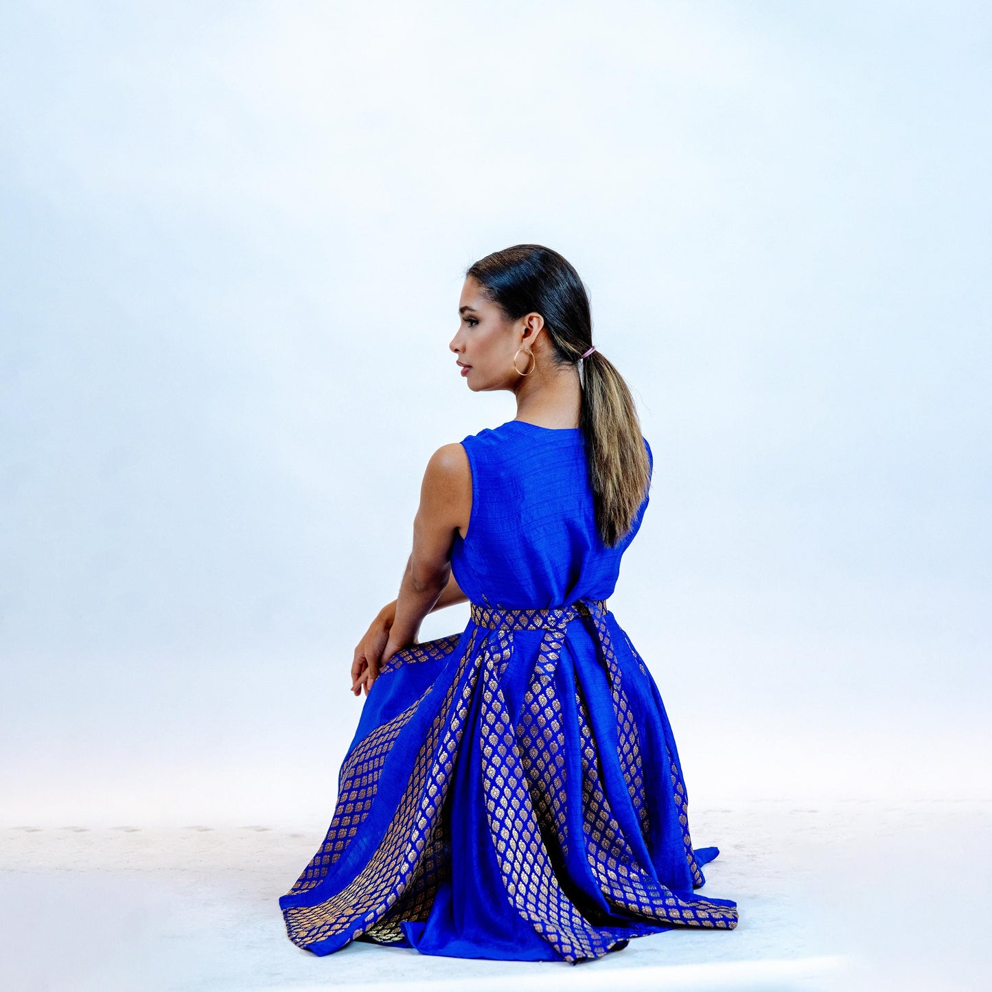 Royal Blue Brocade Dress – Vintage Inspired Midi Outfit