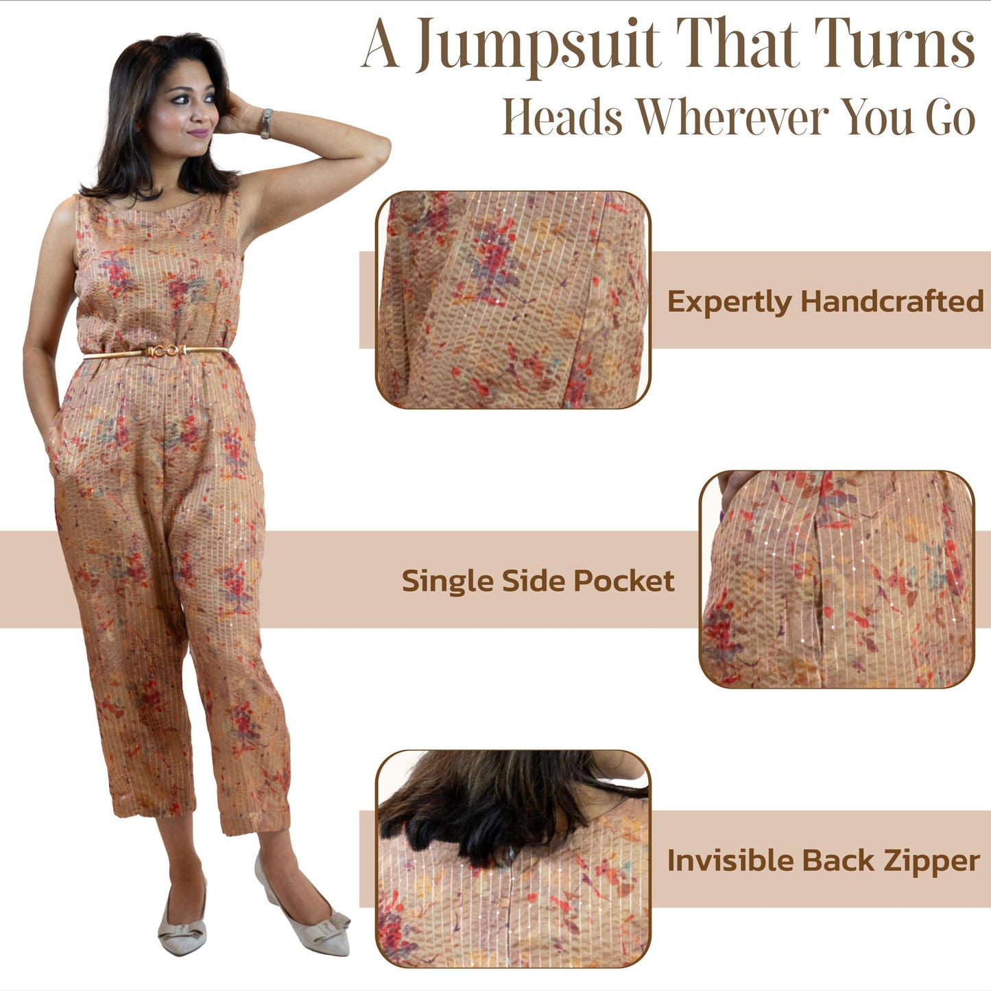 Beige Sequins Jumpsuit – Sleeveless Wide-Leg Party Outfit