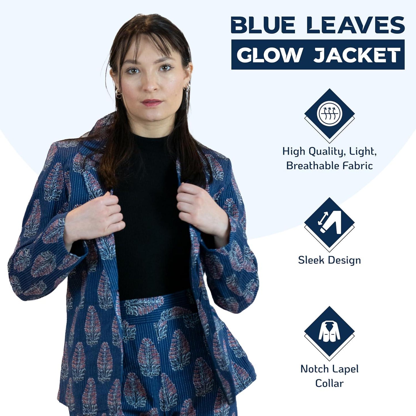 Blue Leaves Floral Blazer – Linen Blend Printed Jacket