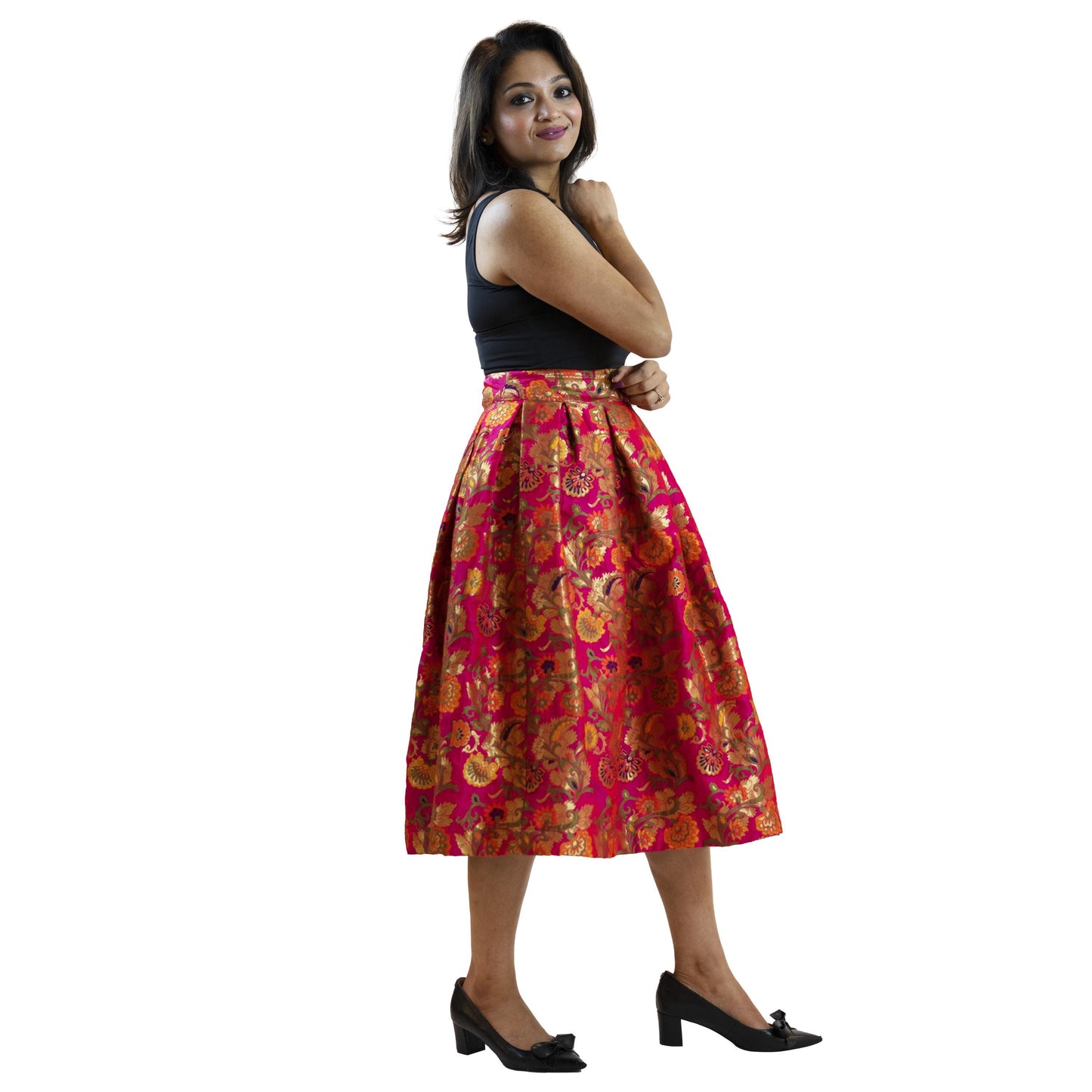 Hot Pink Floral A-Line Skirt – Vintage Brocade Midi Skirt