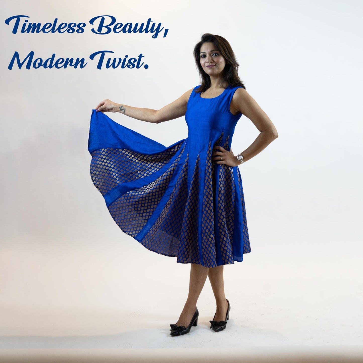 Royal Blue Brocade Dress – Vintage Inspired Midi Outfit