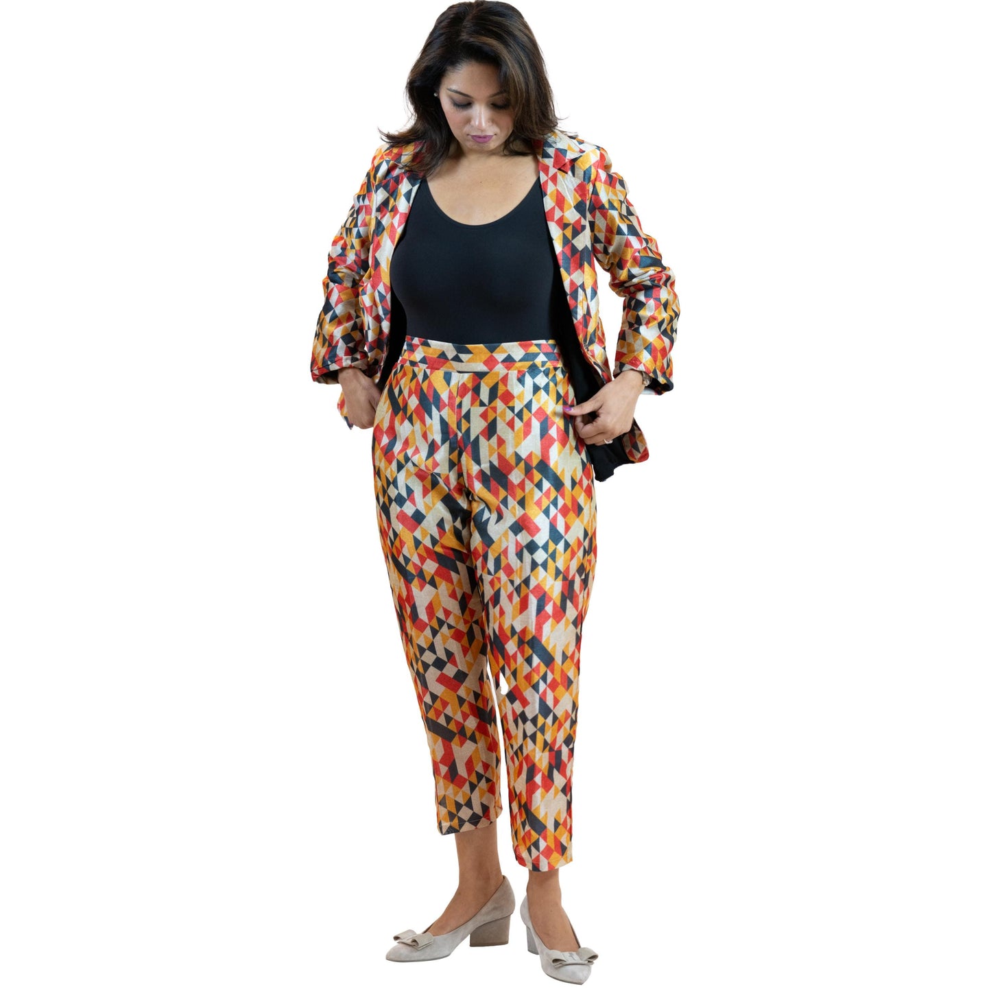 Geometric Print Co-Ord Set – Diamond Pattern Suit Women