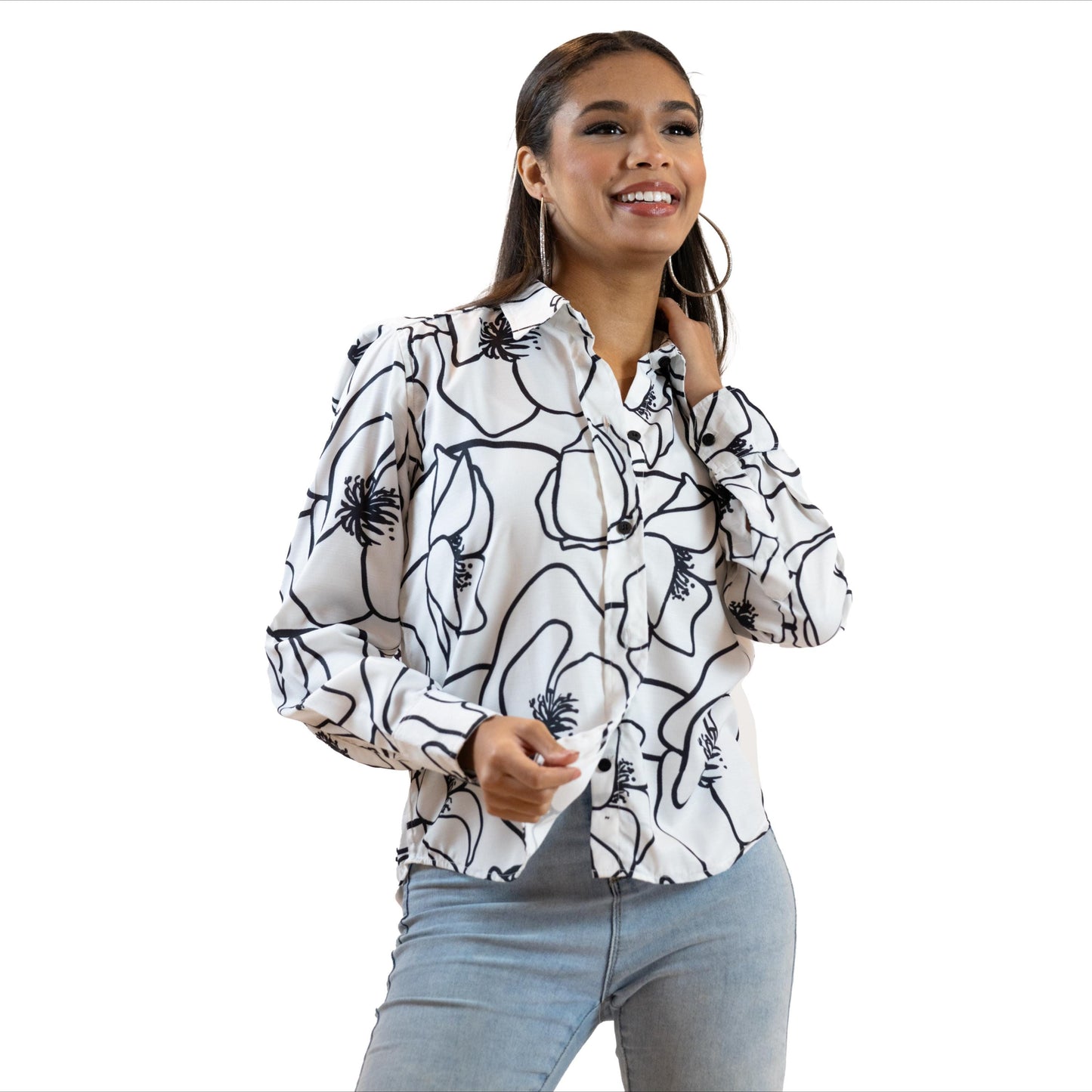 Black & White Line Art Shirt – Long Sleeve Printed Blouse