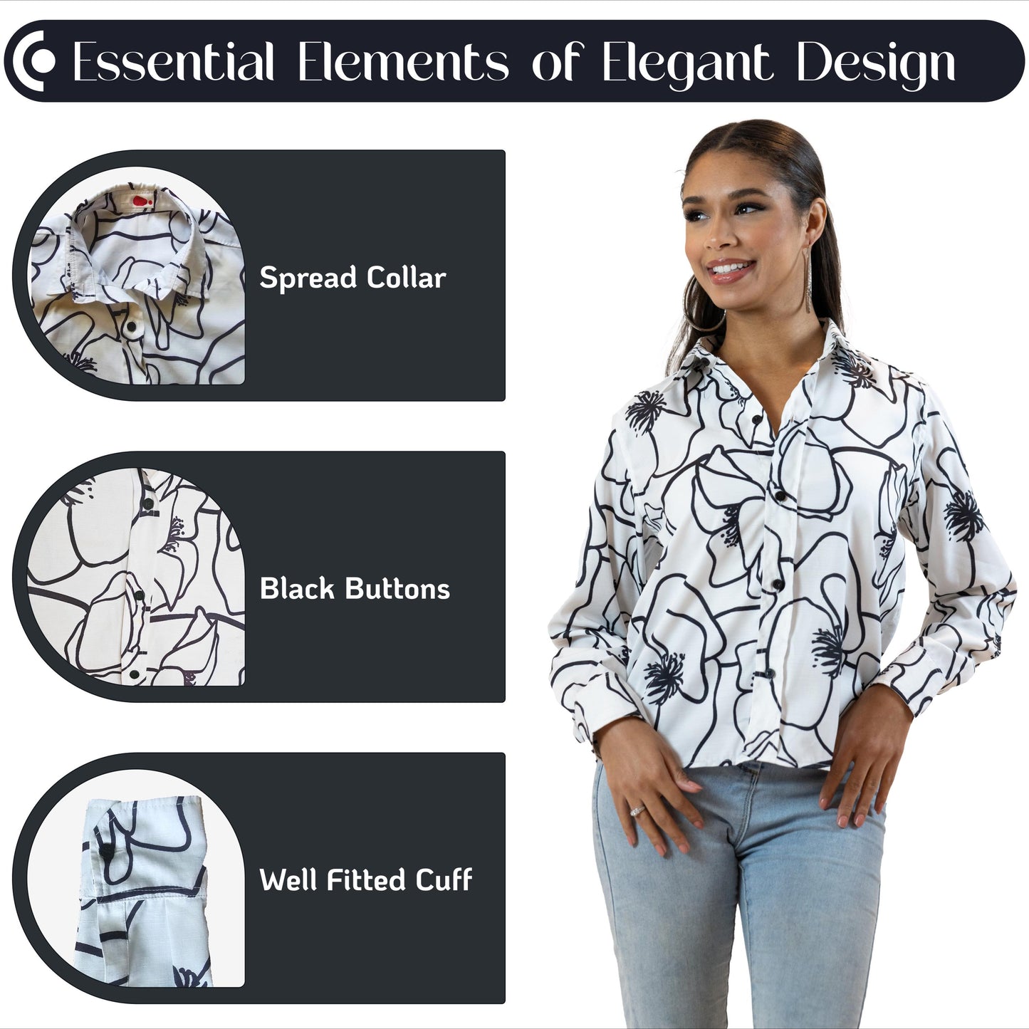 Black & White Line Art Shirt – Long Sleeve Printed Blouse