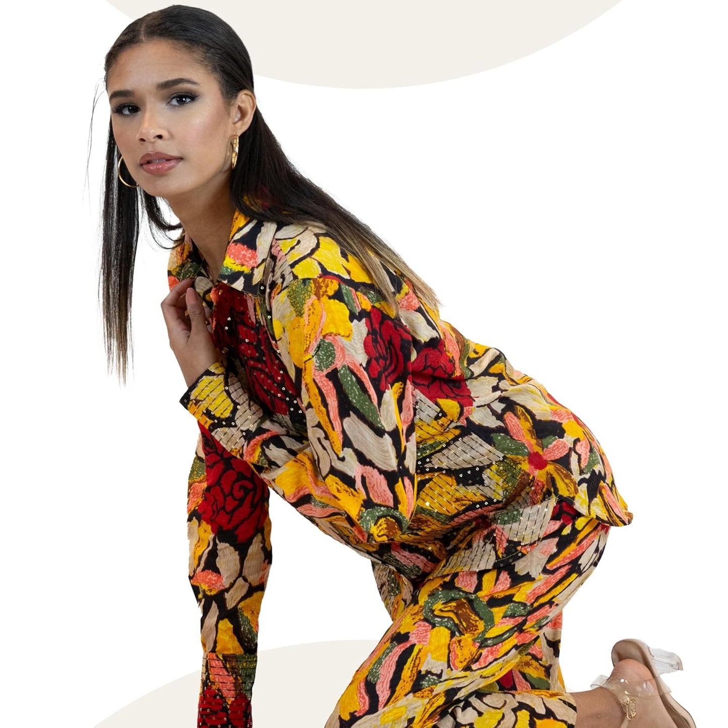Yellow Sequin Blouse – Sparkly Floral Party Shirt Women
