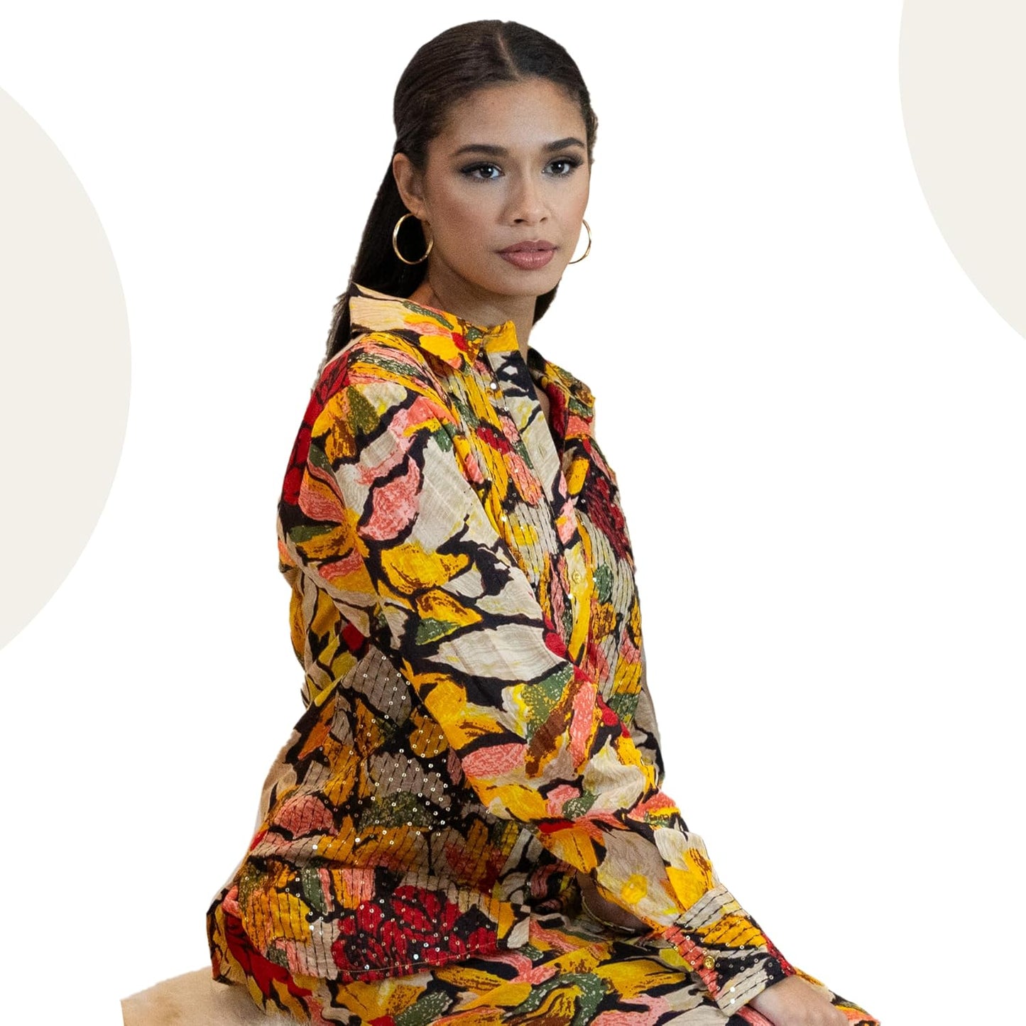 Yellow Sequin Blouse – Sparkly Floral Party Shirt Women