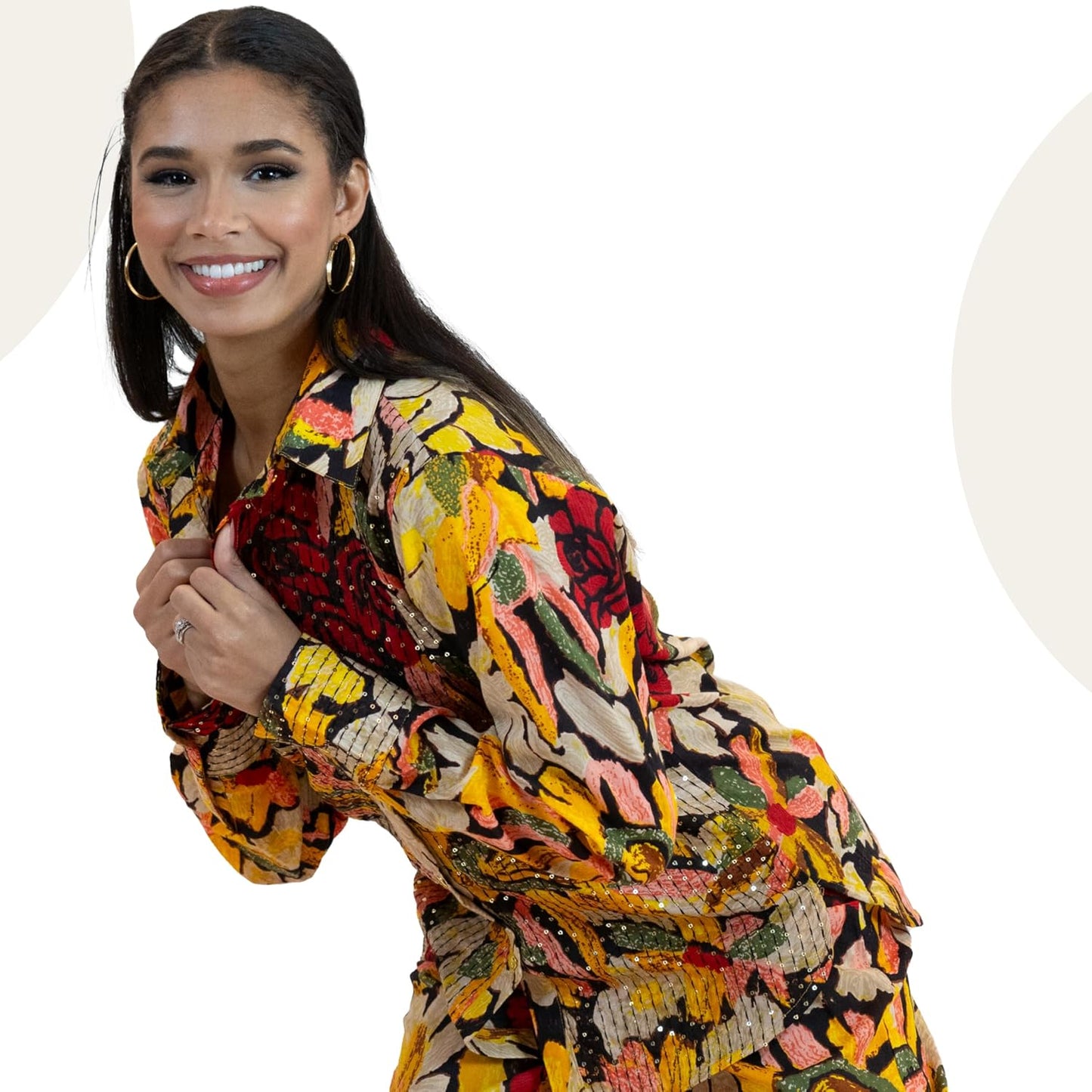 Yellow Sequin Blouse – Sparkly Floral Party Shirt Women