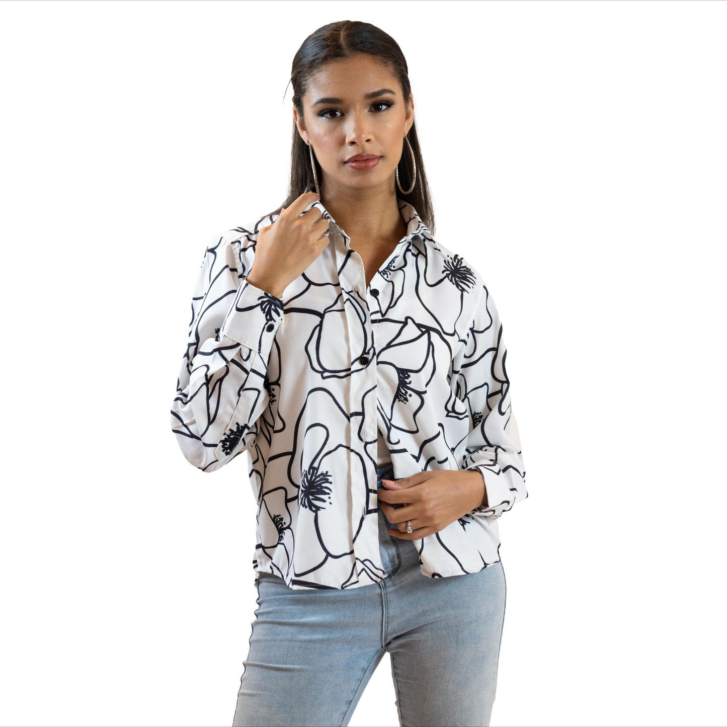 Black & White Line Art Shirt – Long Sleeve Printed Blouse