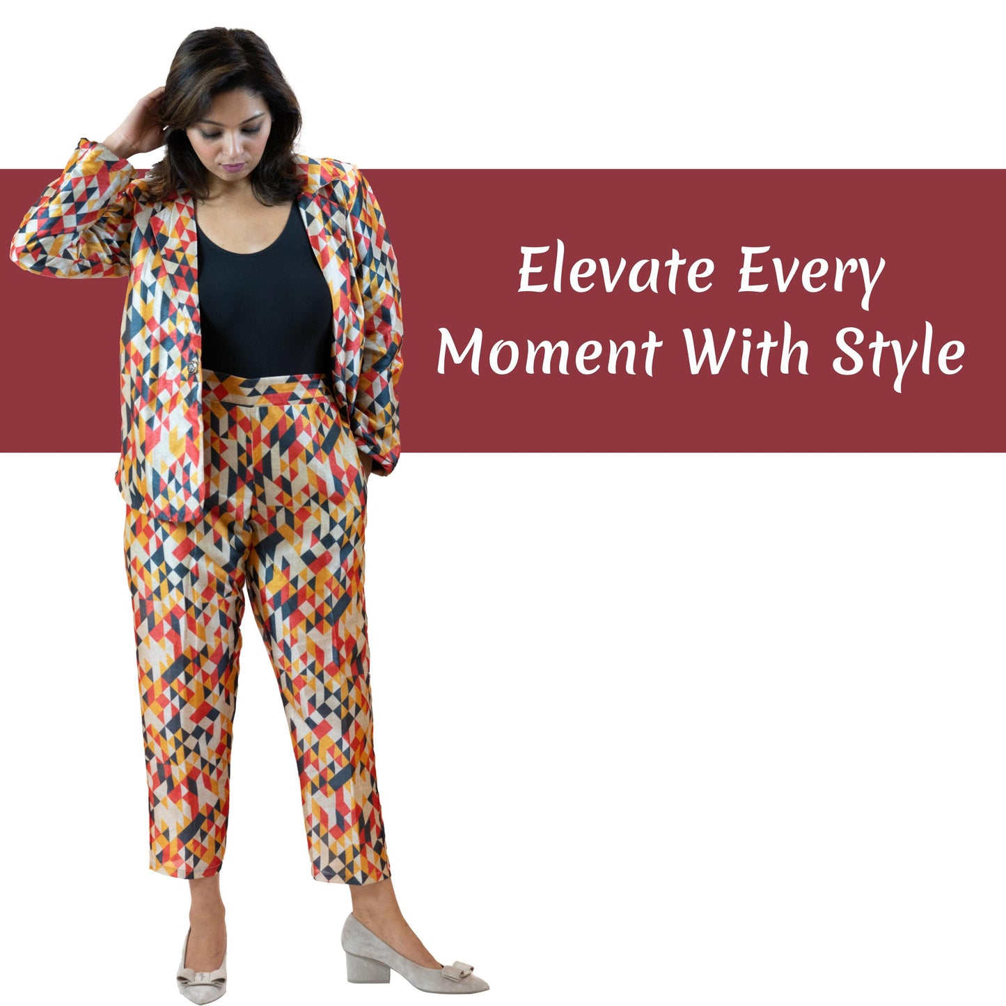 Geometric Print Co-Ord Set – Diamond Pattern Suit Women