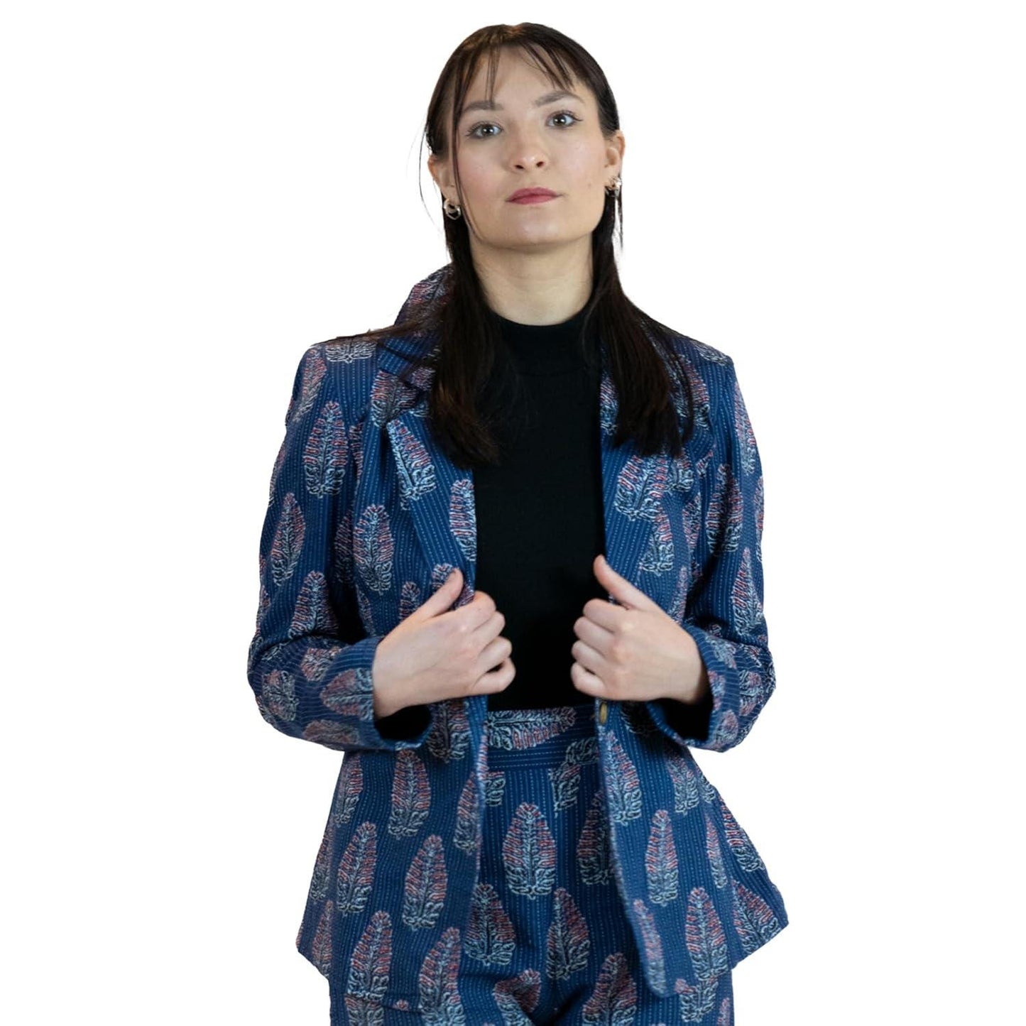 Blue Leaves Floral Blazer – Linen Blend Printed Jacket