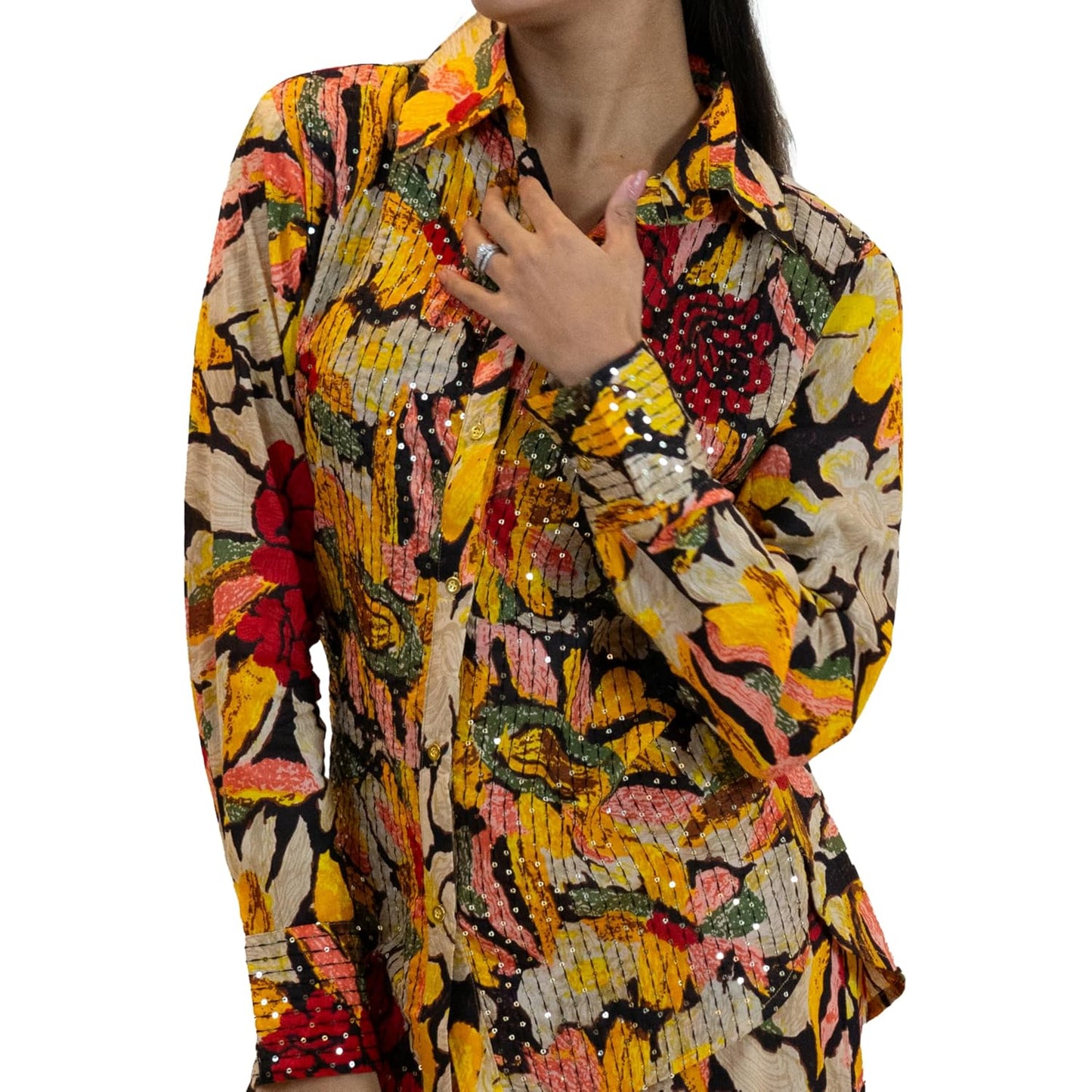 Yellow Sequin Blouse – Sparkly Floral Party Shirt Women