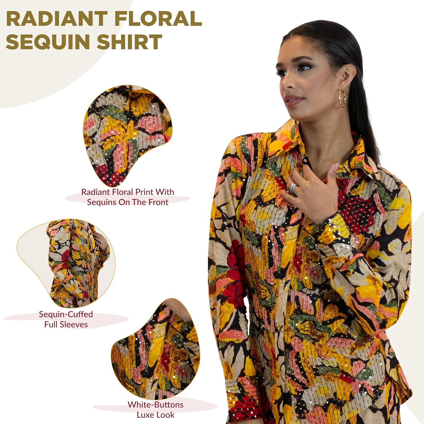 Yellow Sequin Blouse – Sparkly Floral Party Shirt Women