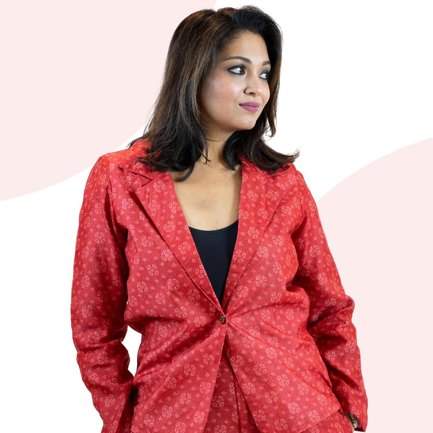Red Bandhani Tie-Dye Blazer – Handmade Statement Jacket
