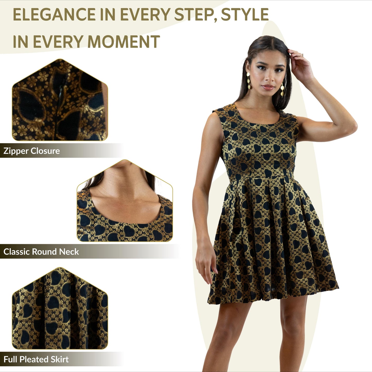 Black Gold Brocade Mini Dress – Sleeveless Party Outfit