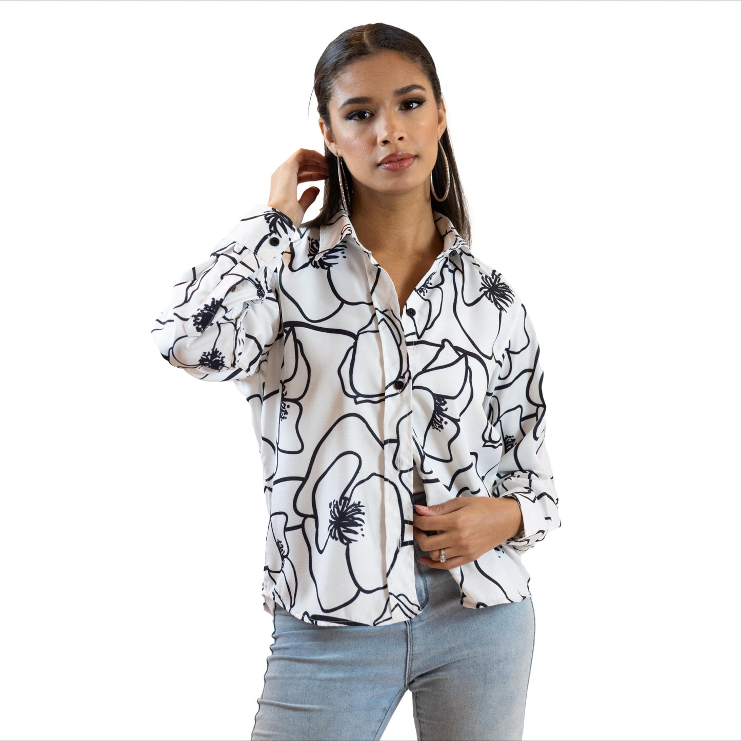 Black & White Line Art Shirt – Long Sleeve Printed Blouse