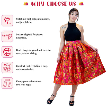 Hot Pink Floral A-Line Skirt – Vintage Brocade Midi Skirt