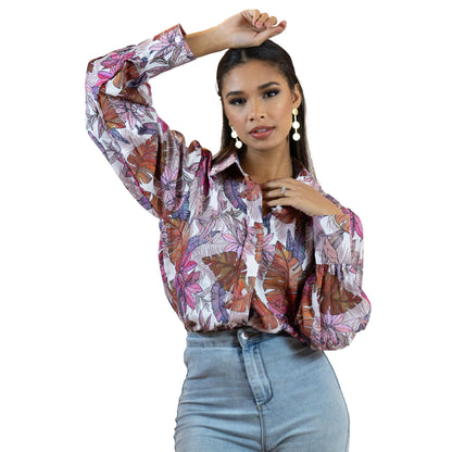Colorful Floral Button Down – Balloon Sleeve Women’s Shirt