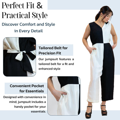 Black & White Jumpsuit – Belted Sleeveless Wide-Leg Outfit