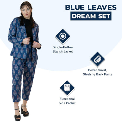 Blue Floral Pant Suit – Linen Blend Blazer & Trousers