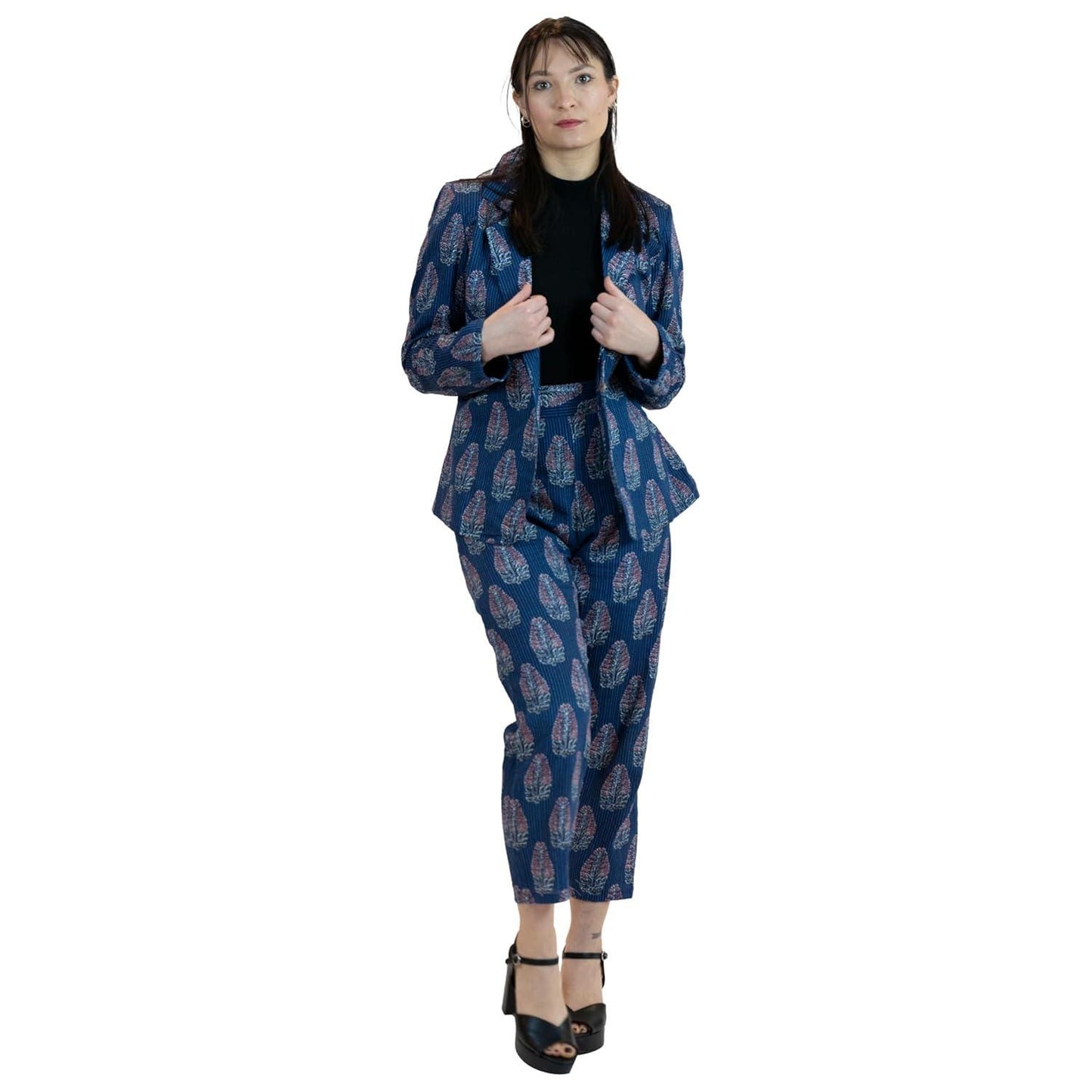 Blue Floral Pant Suit – Linen Blend Blazer & Trousers