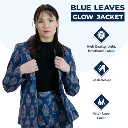 Blue Leaves Floral Blazer – Linen Blend Printed Jacket