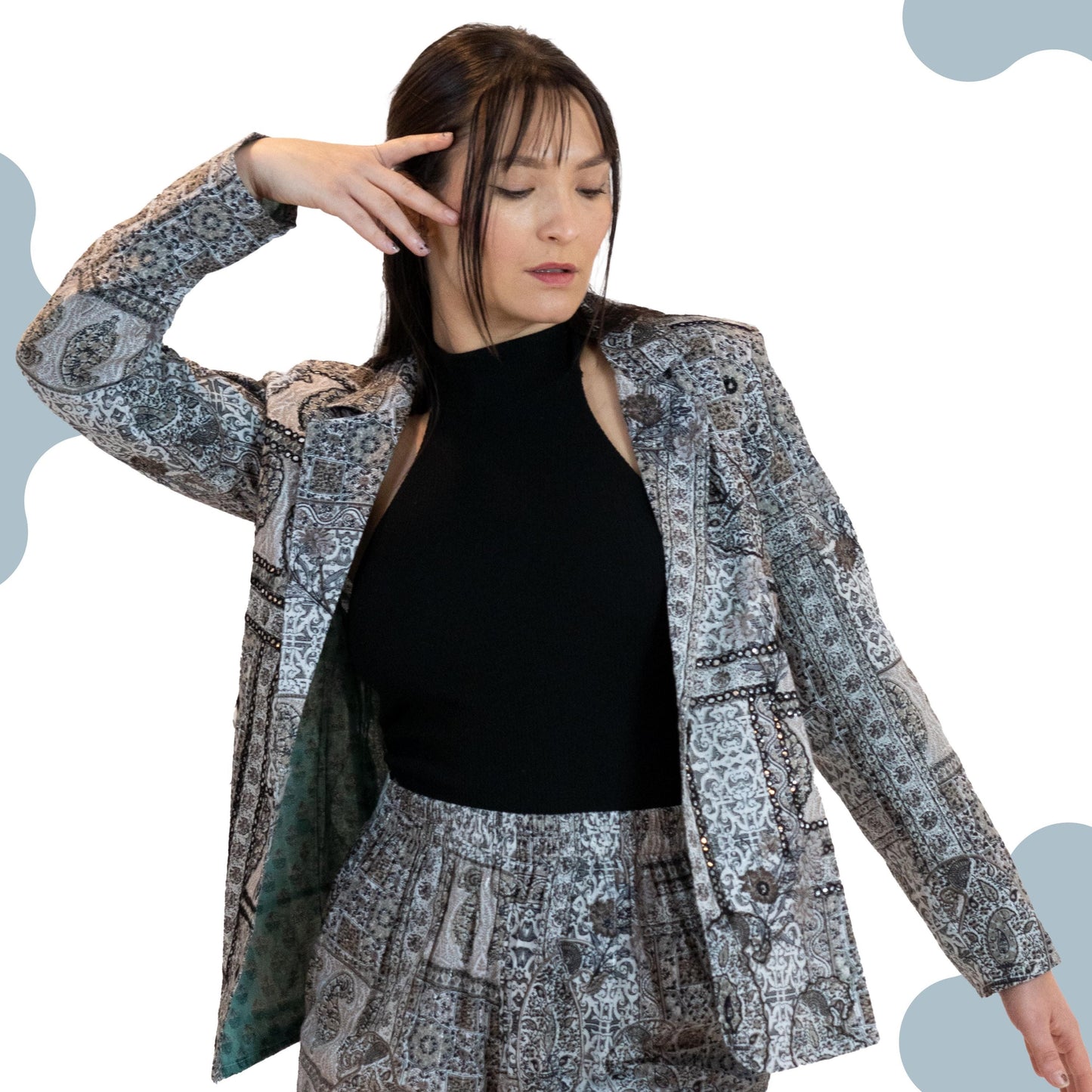 Monochrome Mirror Work Blazer – Paisley Print Jacket