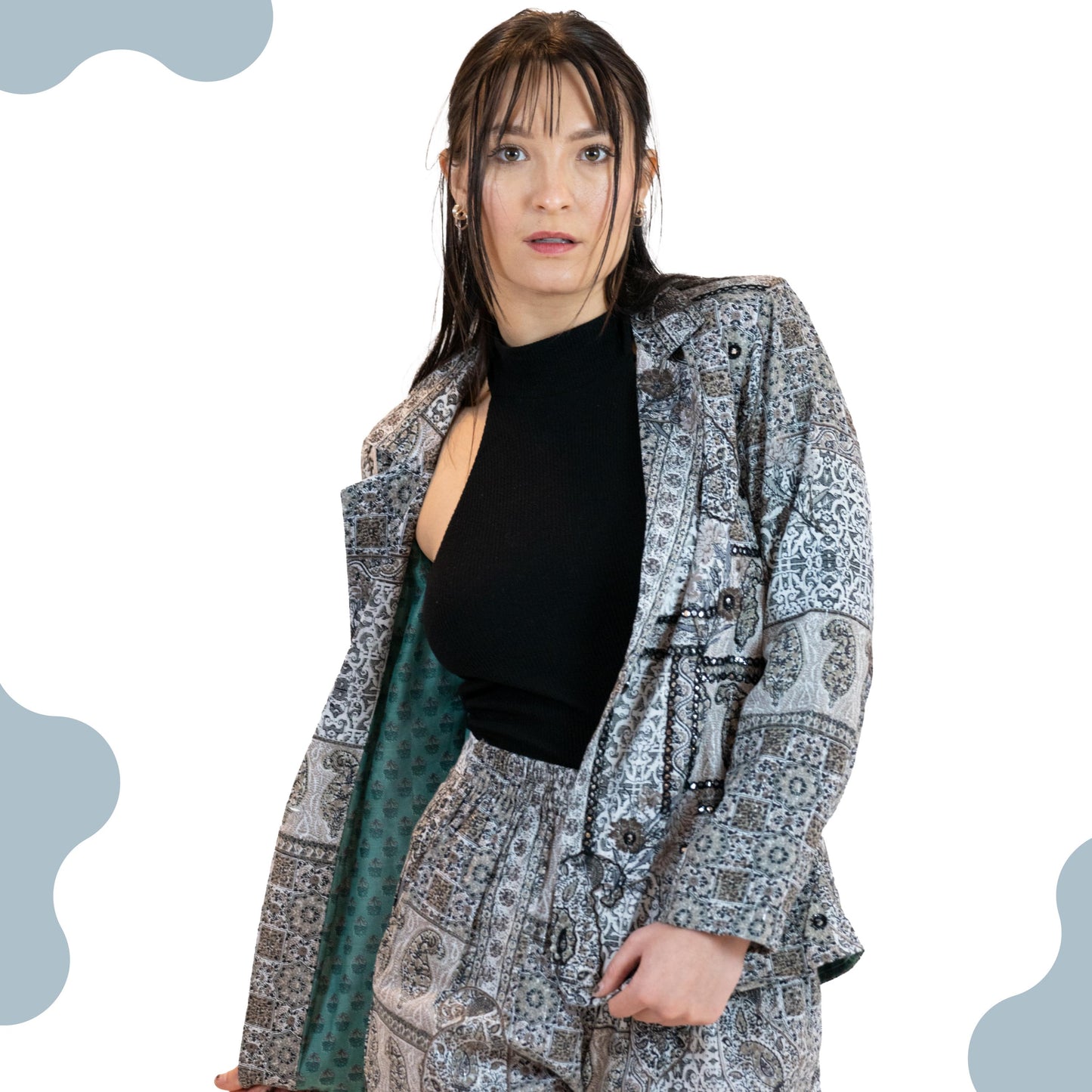 Monochrome Mirror Work Blazer – Paisley Print Jacket