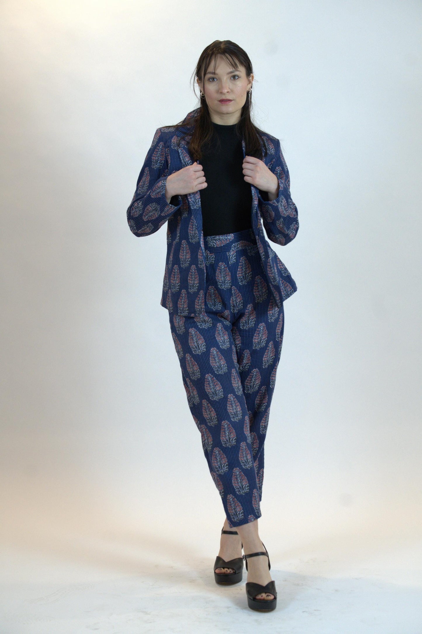 Blue Floral Pant Suit – Linen Blend Blazer & Trousers