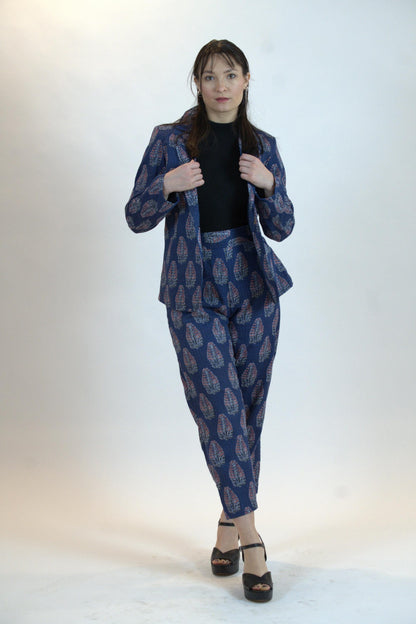 Blue Floral Pant Suit – Linen Blend Blazer & Trousers