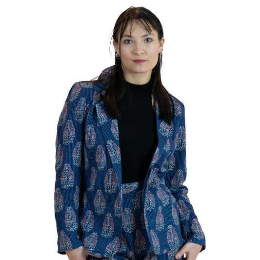Blue Floral Pant Suit – Linen Blend Blazer & Trousers