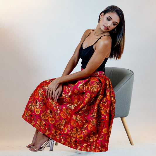 Hot Pink Floral A-Line Skirt – Vintage Brocade Midi Skirt