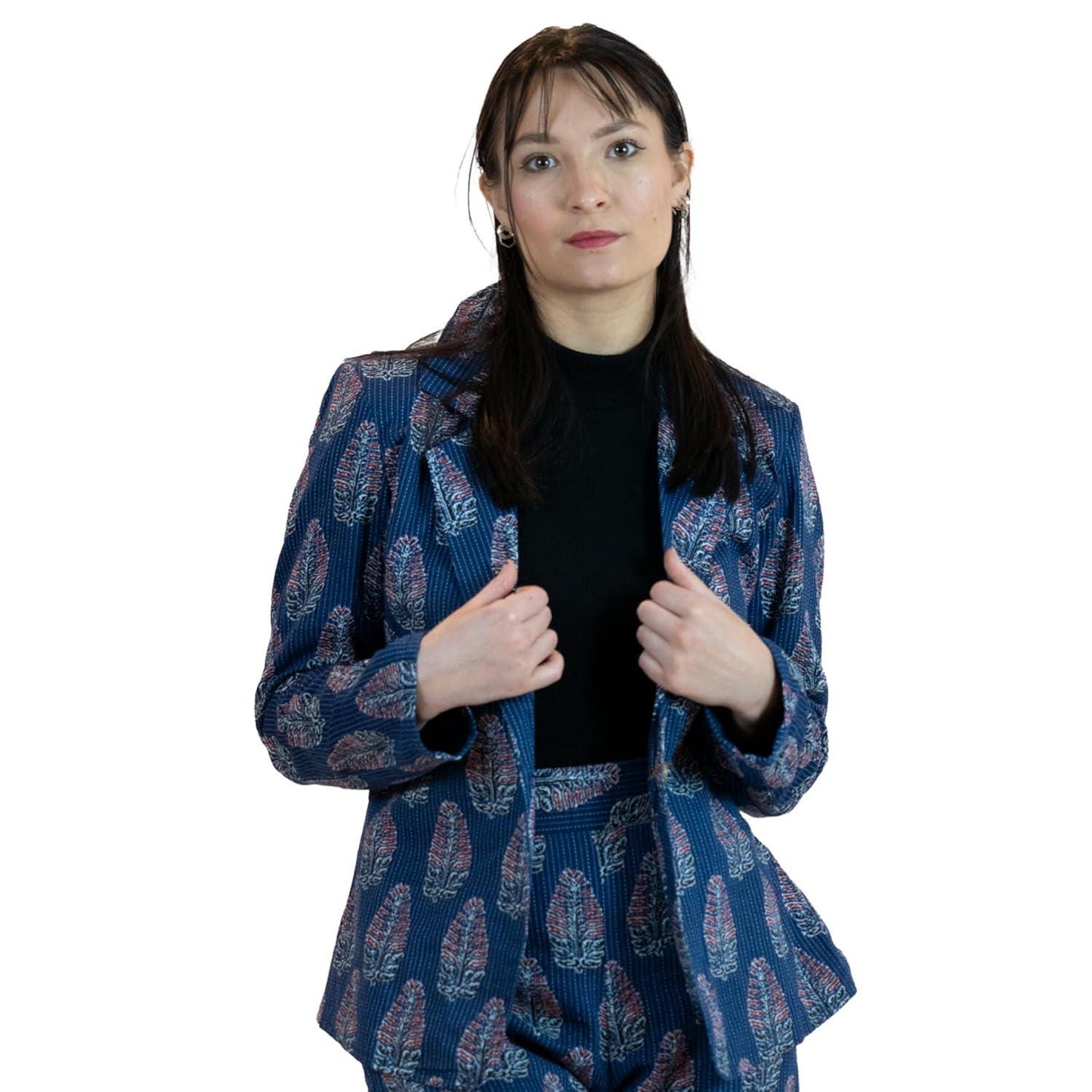 Blue Leaves Floral Blazer – Linen Blend Printed Jacket
