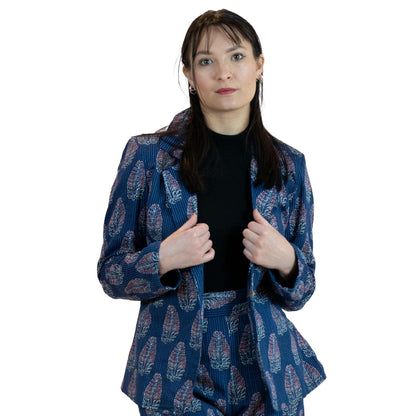 Blue Leaves Floral Blazer – Linen Blend Printed Jacket