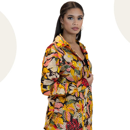 Yellow Sequin Blouse – Sparkly Floral Party Shirt Women