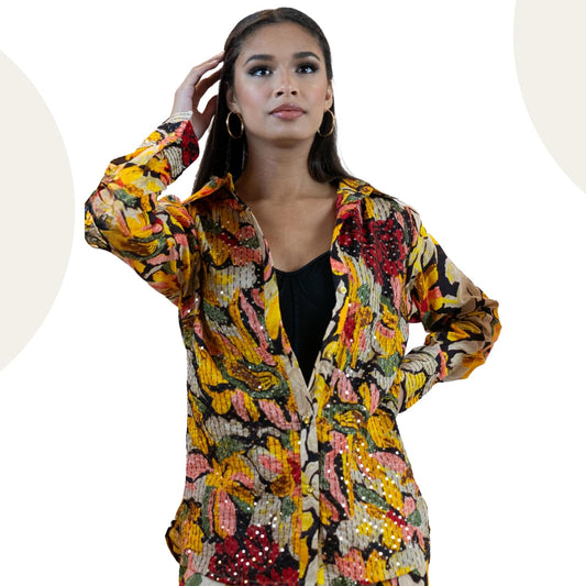 Yellow Sequin Blouse – Sparkly Floral Party Shirt Women