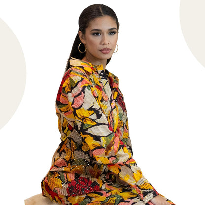 Yellow Sequin Blouse – Sparkly Floral Party Shirt Women