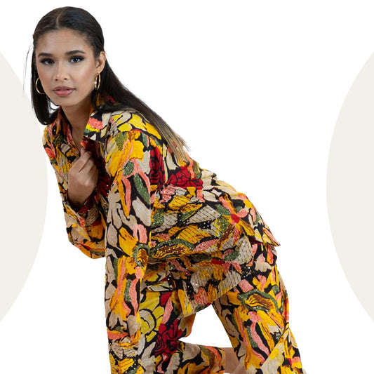 Yellow Sequin Blouse – Sparkly Floral Party Shirt Women