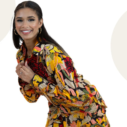 Yellow Sequin Blouse – Sparkly Floral Party Shirt Women