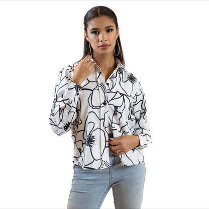 Black & White Line Art Shirt – Long Sleeve Printed Blouse