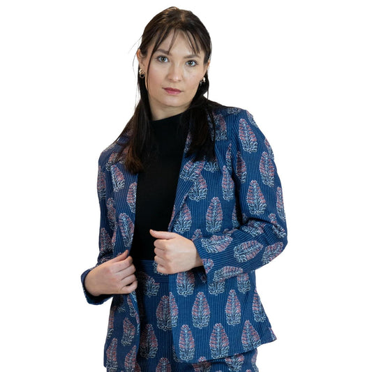 Blue Leaves Floral Blazer – Linen Blend Printed Jacket