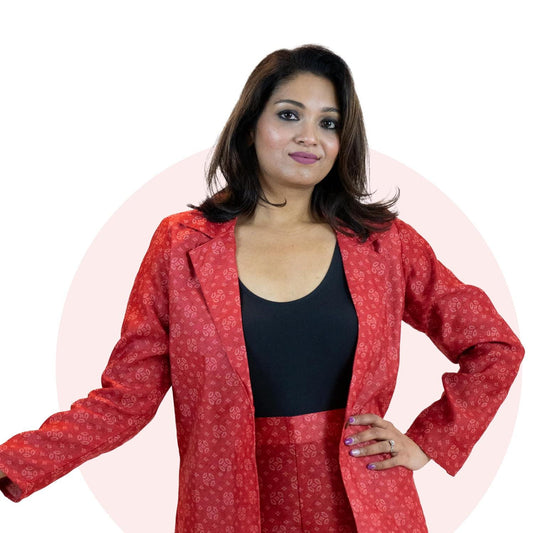 Red Bandhani Tie-Dye Blazer – Handmade Statement Jacket