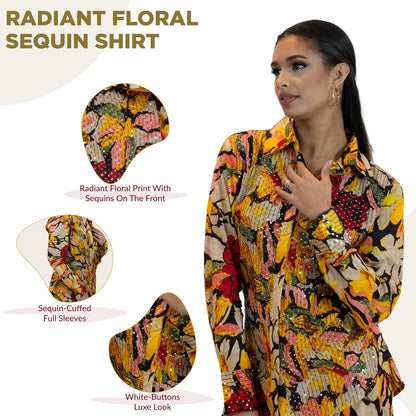 Yellow Sequin Blouse – Sparkly Floral Party Shirt Women