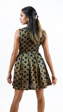 Black Gold Brocade Mini Dress – Sleeveless Party Outfit