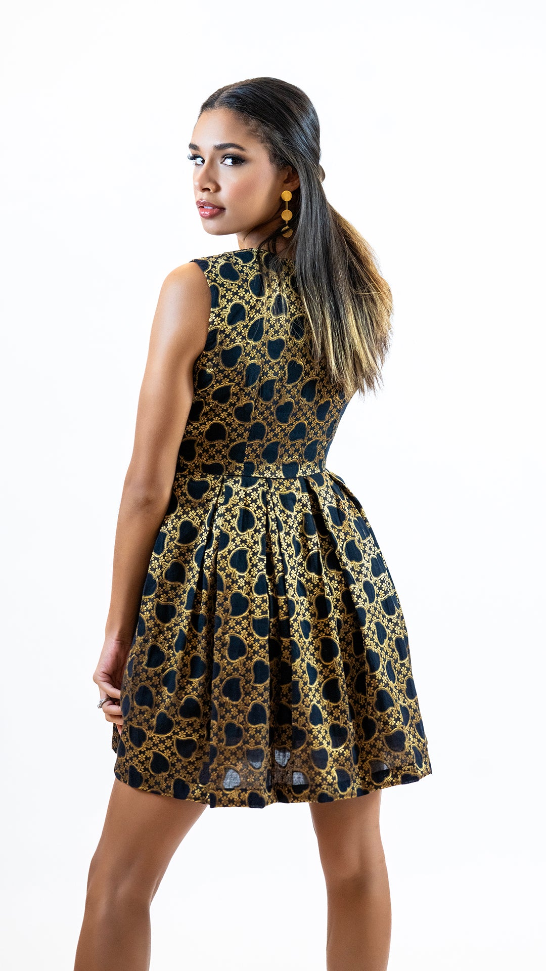 Black Gold Brocade Mini Dress – Sleeveless Party Outfit