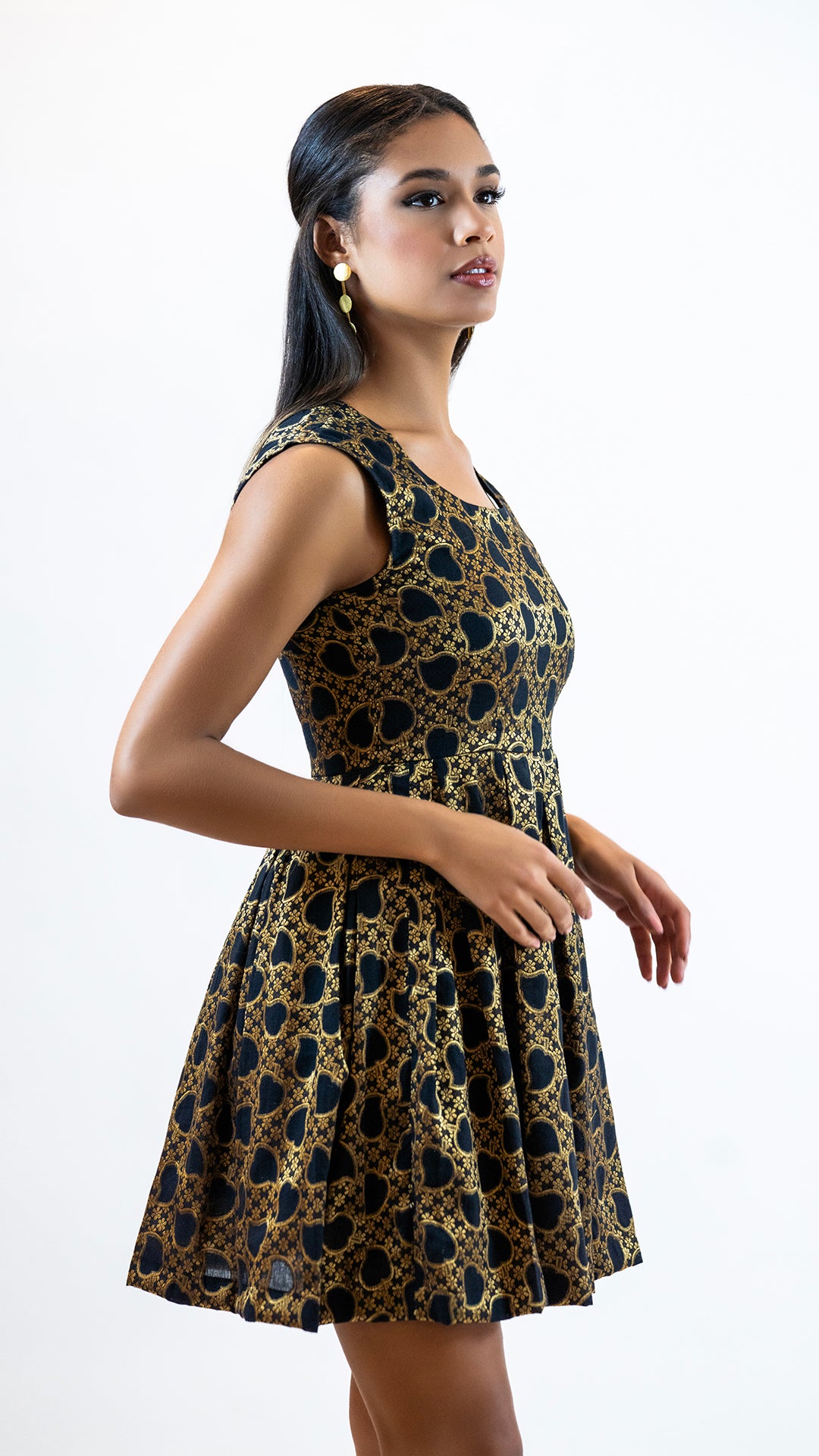 Black Gold Brocade Mini Dress – Sleeveless Party Outfit