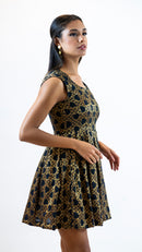 Black Gold Brocade Mini Dress – Sleeveless Party Outfit