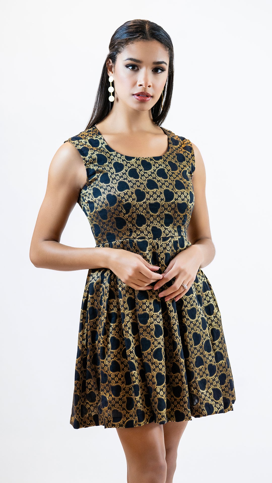 Black Gold Brocade Mini Dress – Sleeveless Party Outfit